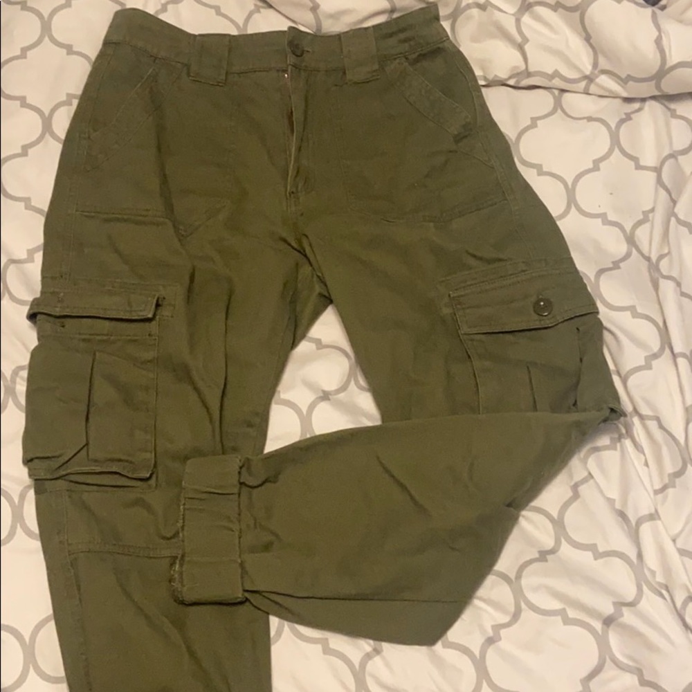 Army green cargo-style pants